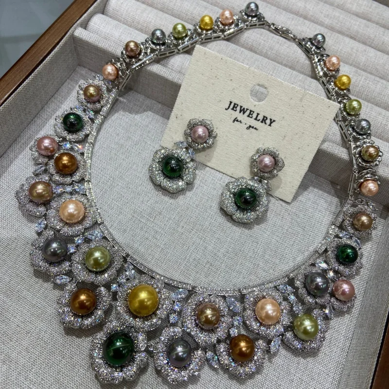luxury Silver Tone Multicolor Pearl & CZ Statement Necklace and Earrings Set evening prom jewelry
