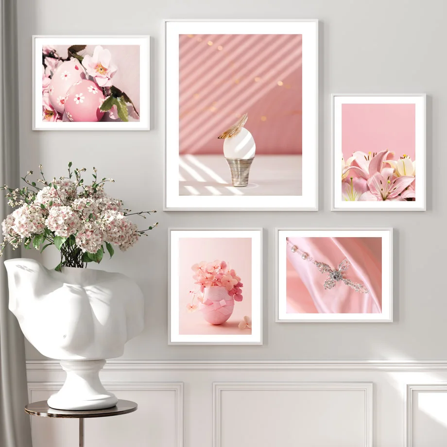 Easter Pink Rabbit Egg Lily Sakura Wall Art Aesthetics Print Canvas Painting Posters for Living Room Modern Home Decor
