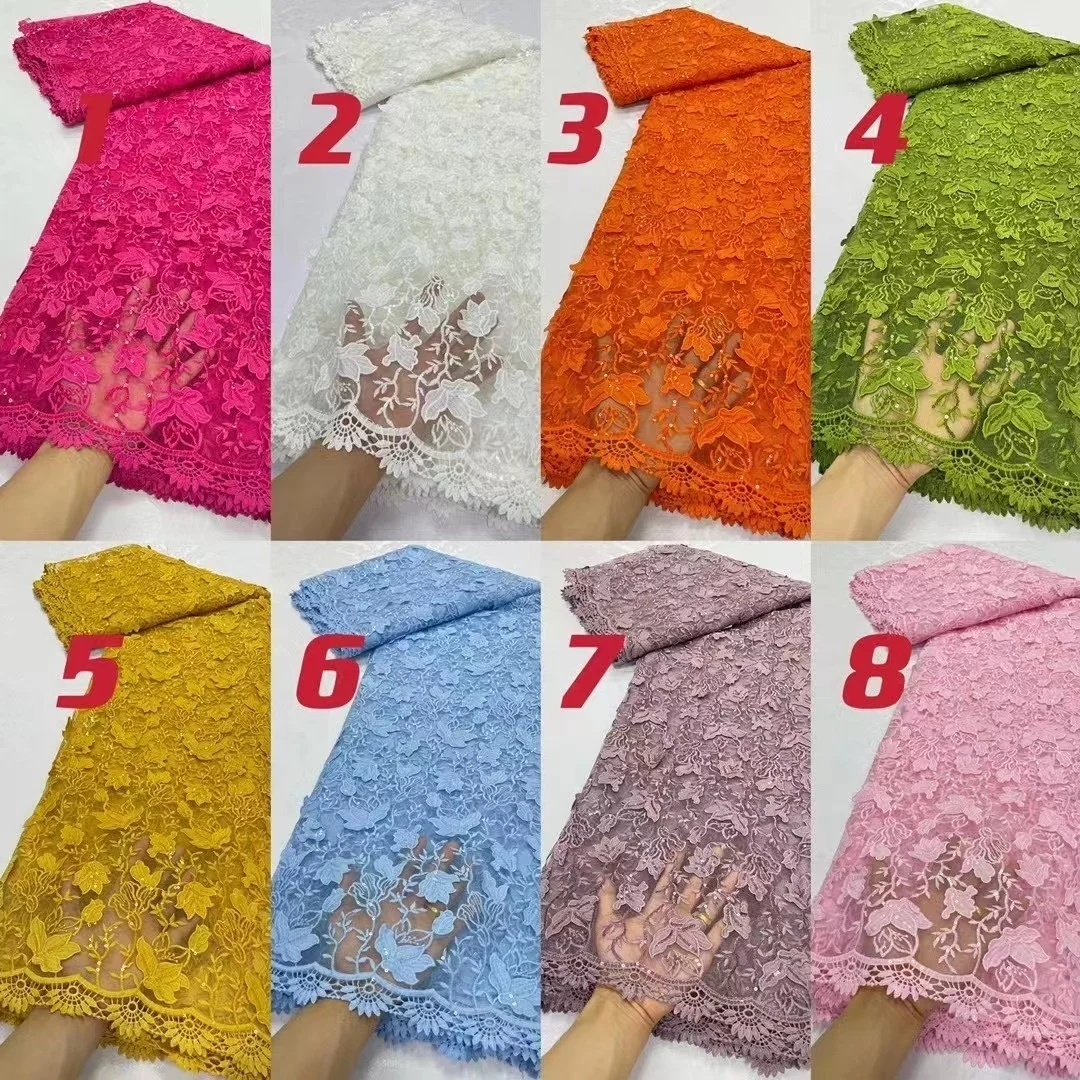 

High Quality African Nigerian Water Soluble Sequence Lace Fabric 2023 Guipure Cord Lace With Sequins For Wedding Party Sewing