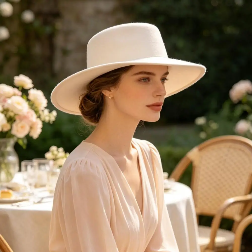 Classic Elegant Accessory Flat Top Fedora Hat Wool Blend Derby Cap Wide Brim Felt Hat for Women Classic Retro Hat Formal Event