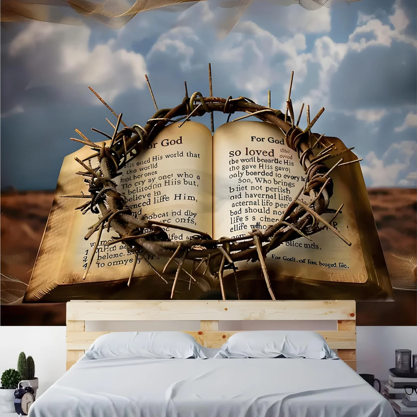 1 Stück religiöses Buch und Krone der Dornen-Hintergrundbanner für Party, Fotografie, Video, Hochzeit, Geburtstag
