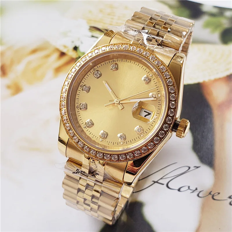 ساعة رجالي فاخرة مطلية بالذهب بإطار ماسي كامل وحركة ميكانيكية أوتوماتيكية متعددة الوظائف ساعة يد فولاذية بالكامل