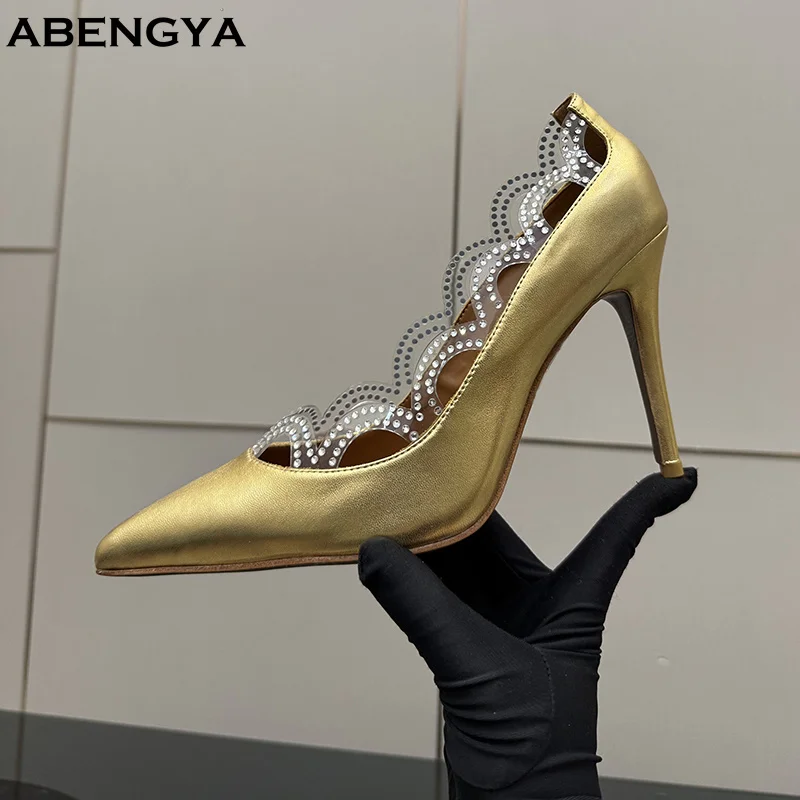 

2026 Summer Sexy Gold Metal High Heels Shoes Women Pointy Toe Leather Suede Dress Shoes Fashion Party Wedding Shoes For Women