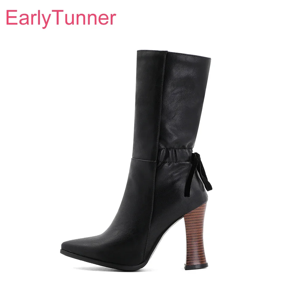 

Новые зимние удобные черные коричневые женские ботинки до середины икры, пикантные женские туфли на высоком каблуке для вечеринок, маленькие большие размеры 12, 33, 43 46 50