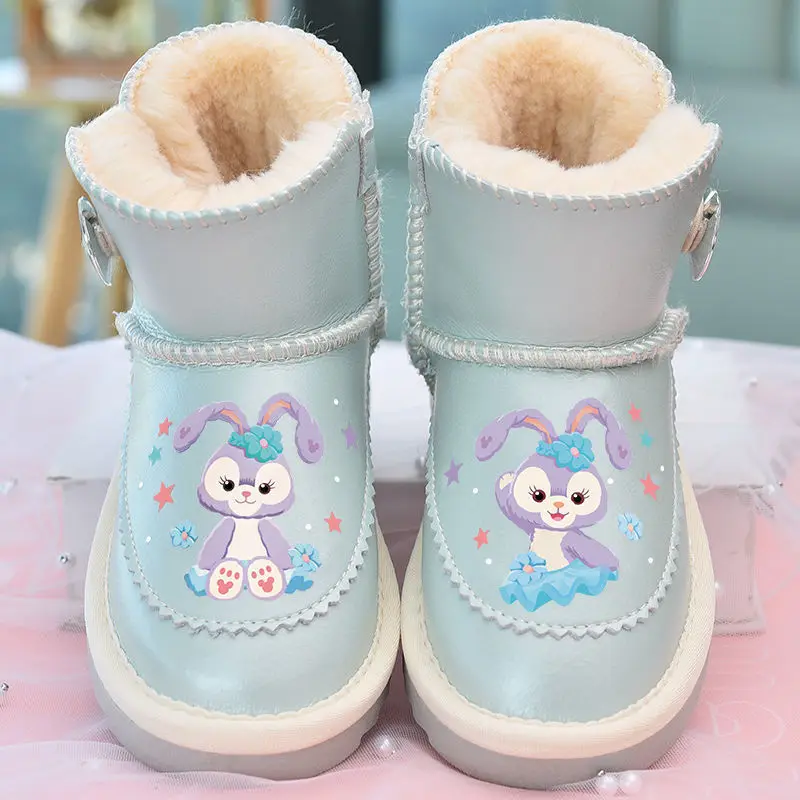 Disney Girls\' Snow Boots Genuine Leather StellaLou Cartoon Waterproof Winter Children\'s Shoes Baby Girls\' Thickened Ankle Boots