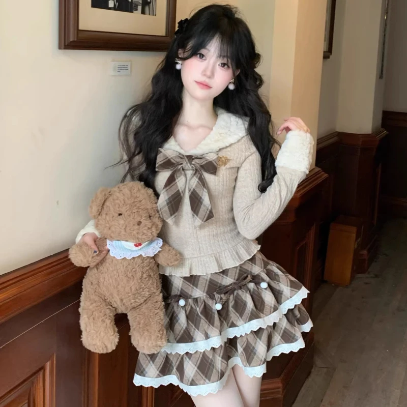 Uniform Style Jk Uniform Set Autumn Apricot V Neck Long Sleeve Top Cute High Waist Short Skirt Y2k Harajuku 2pcs With Bow Tie