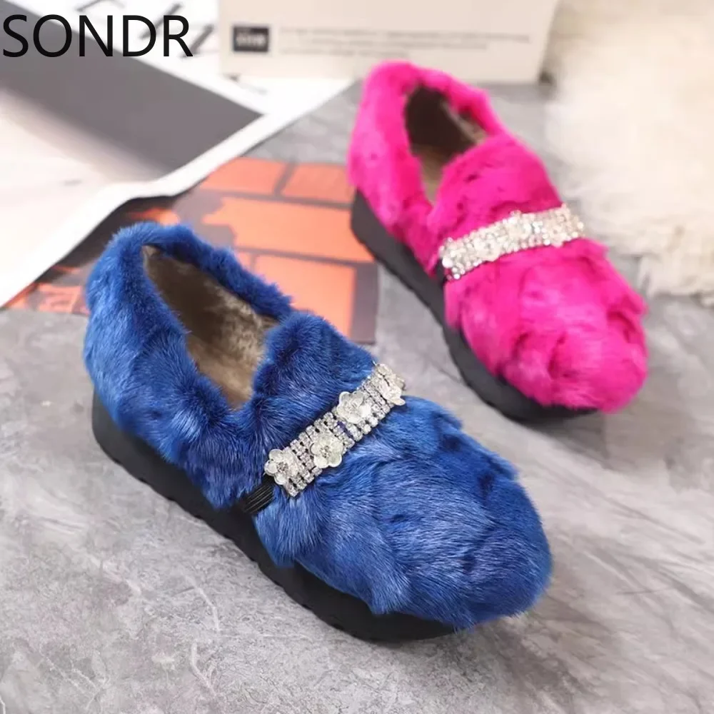 Womens Real Mink Fur Rainbow Colors Loafers Rhinestones Crystal Chain Flats Shoes 6Colors   New 2024