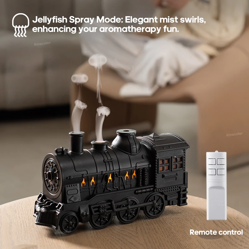 Vintage Train Essential Oil Aroma Diffuser Jellyfish Mist With Remote Control LED Ambient Light Quiet Cool Mist For Bedroom Home