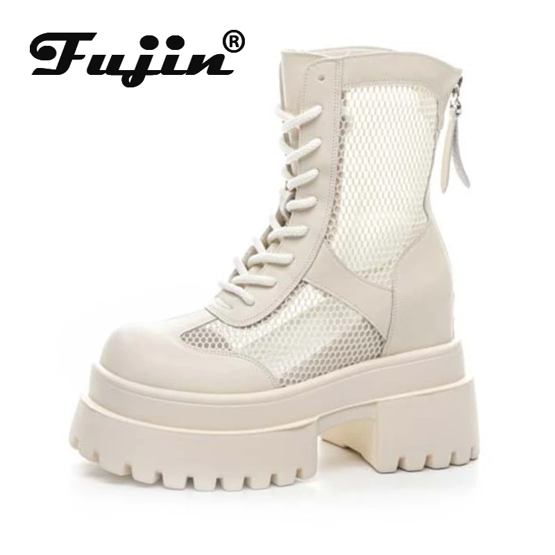 

Koznoy 10cm Cow Genuine Leather ZIP Hollow Mary Jane Women Slippers Ankle Booties Pumps Shoes Flat Sandals Summer Platform Wedge