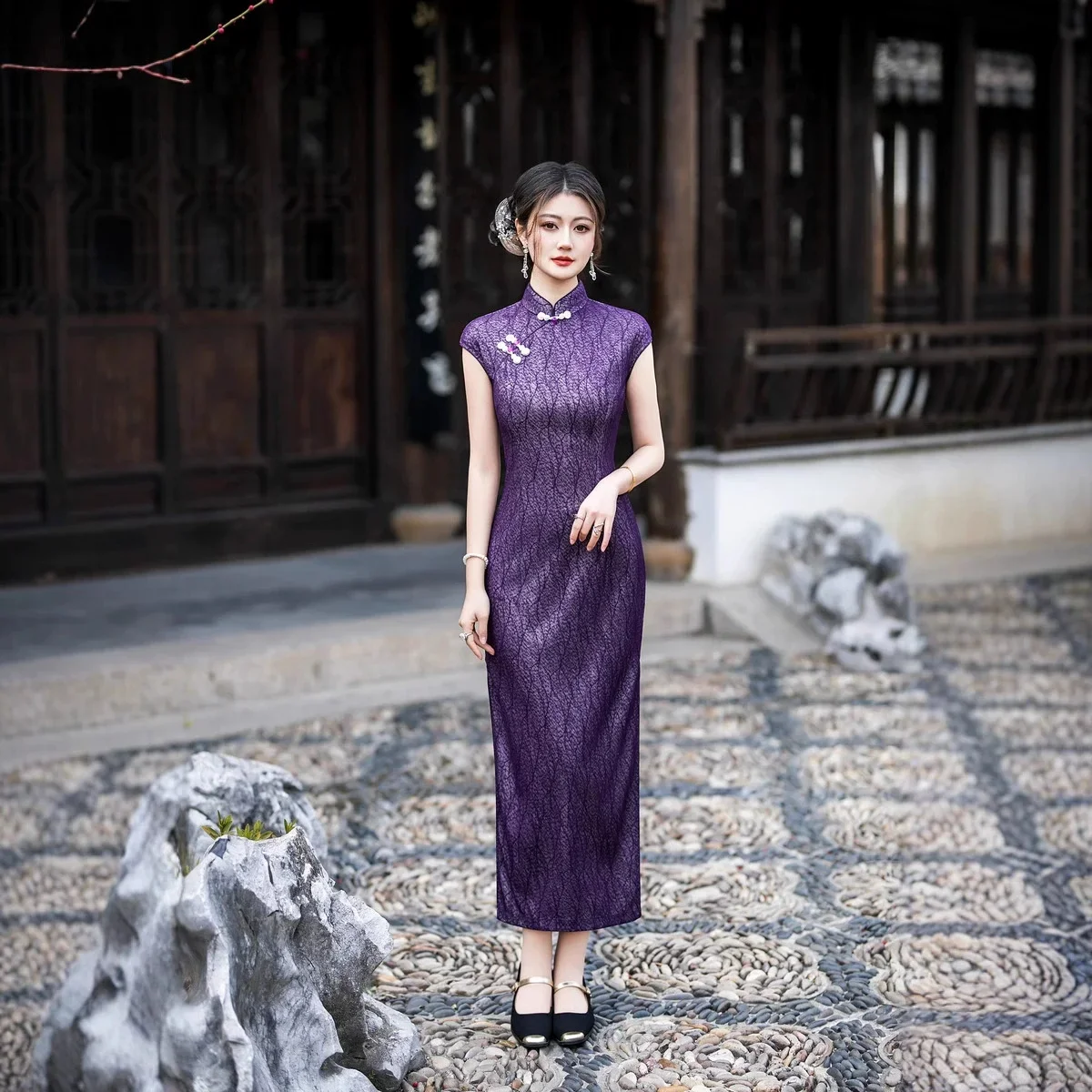 

Ретро Cheongsam 2021, летнее фиолетовое улучшение для молодых девушек, новый стиль, длинное платье Ципао в китайском стиле