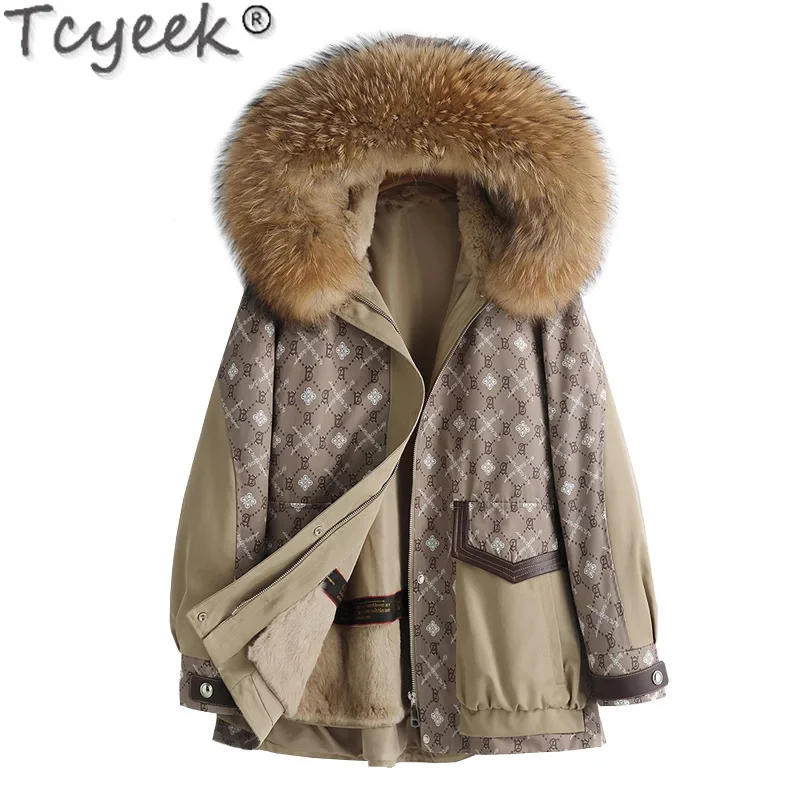 Abrigo de forro de conejo Tcyeek Rex de longitud media para mujer, Parka elegante, chaqueta de invierno, abrigos cálidos con Cuello de piel de zorro, ropa para mujer