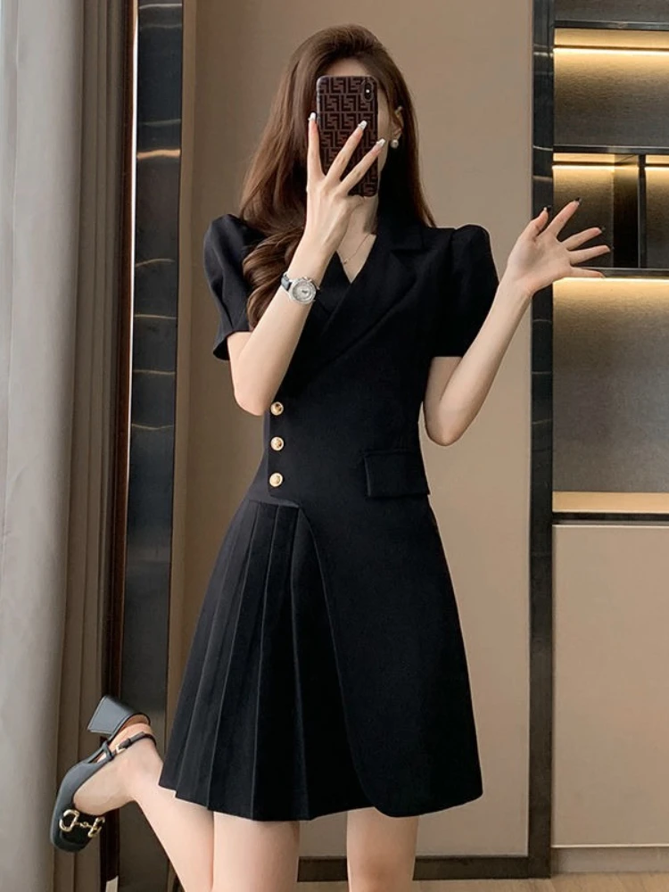 เกาหลีแฟชั่นผู้หญิงแขนสั้น Solid Sheath Dresses Office Lady ฤดูร้อนปุ่มเดียวปิด A-Line จีบกระโปรง