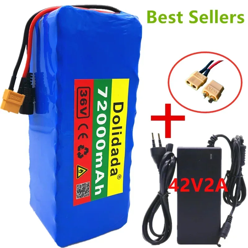 

XT60 Interface 36V Battery 10S4P 72Ah Battery Pack 1000W High Power Battery 36V72000mAh Electric Bicycle BMS + 42v Charger