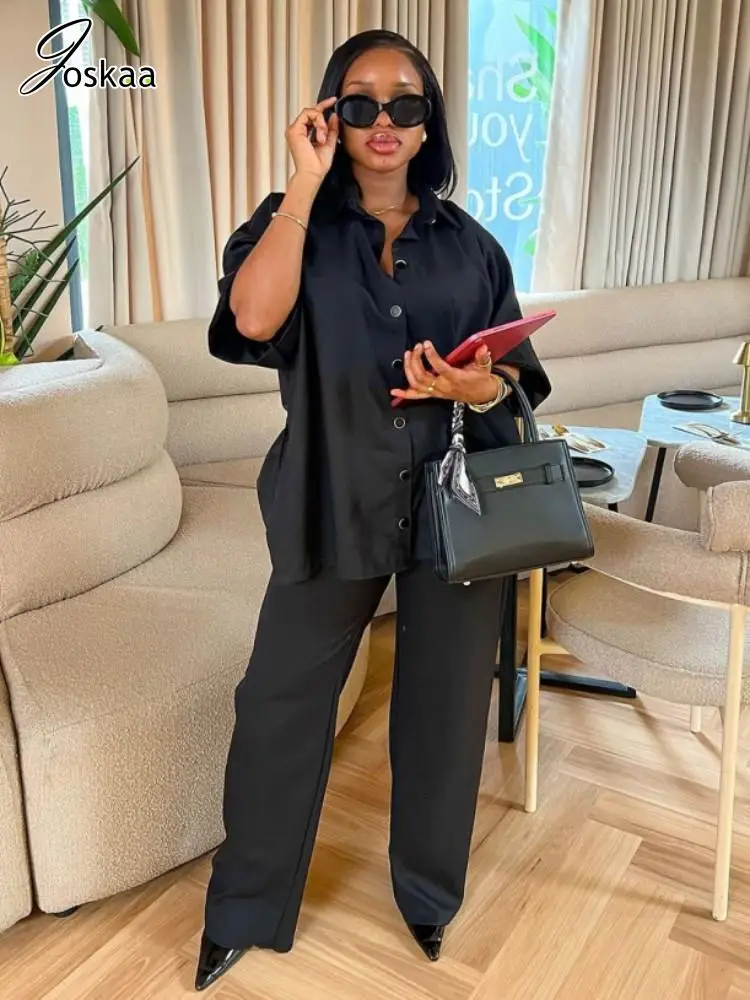 

Joskaa 2025 Women's Black 2 Piece Set Casual Lapel Short Sleeve Button Oversized Shirt+Wide Leg Pants Matching Streetwear S-XXL