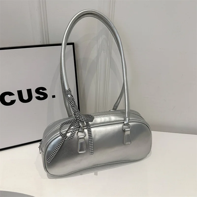 

2025New Ribbon Bow Women's Square Shoulder Bag Soft PU Female Small Underarm Bags Solid Colour Ladies Simple Tote Purse Handbags
