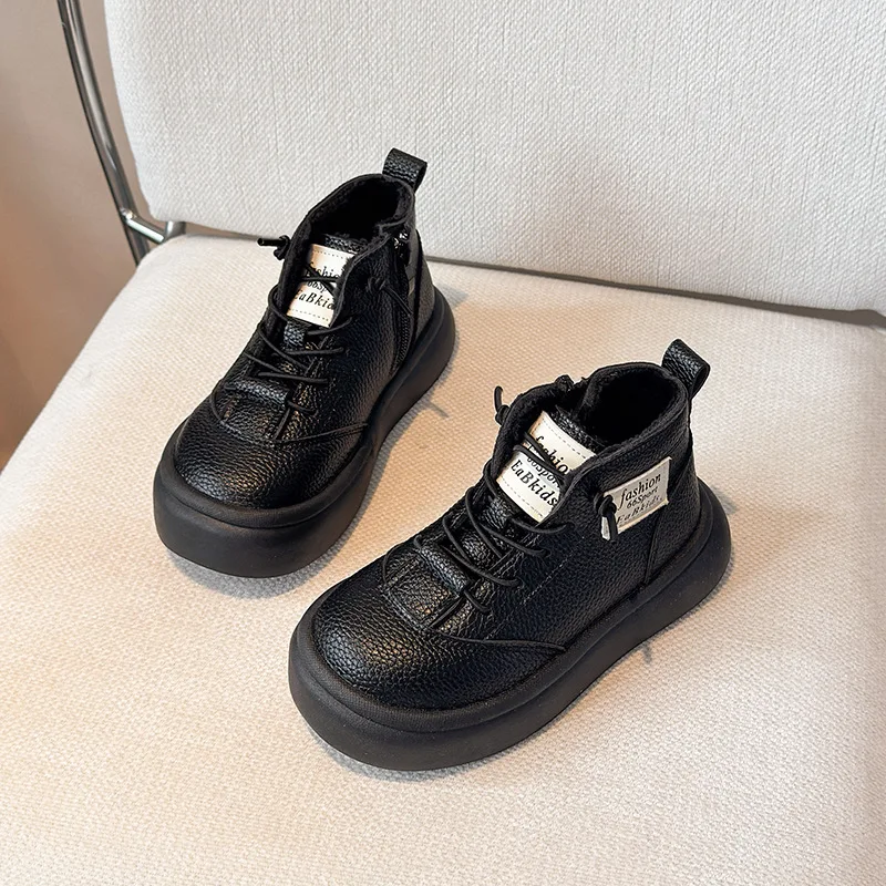 Kids'Snow Boots PU Leather Winter Fashion Outdoor Flat Thick Bottom Shoes For Children Warm Anti-slip Black Size 26-37