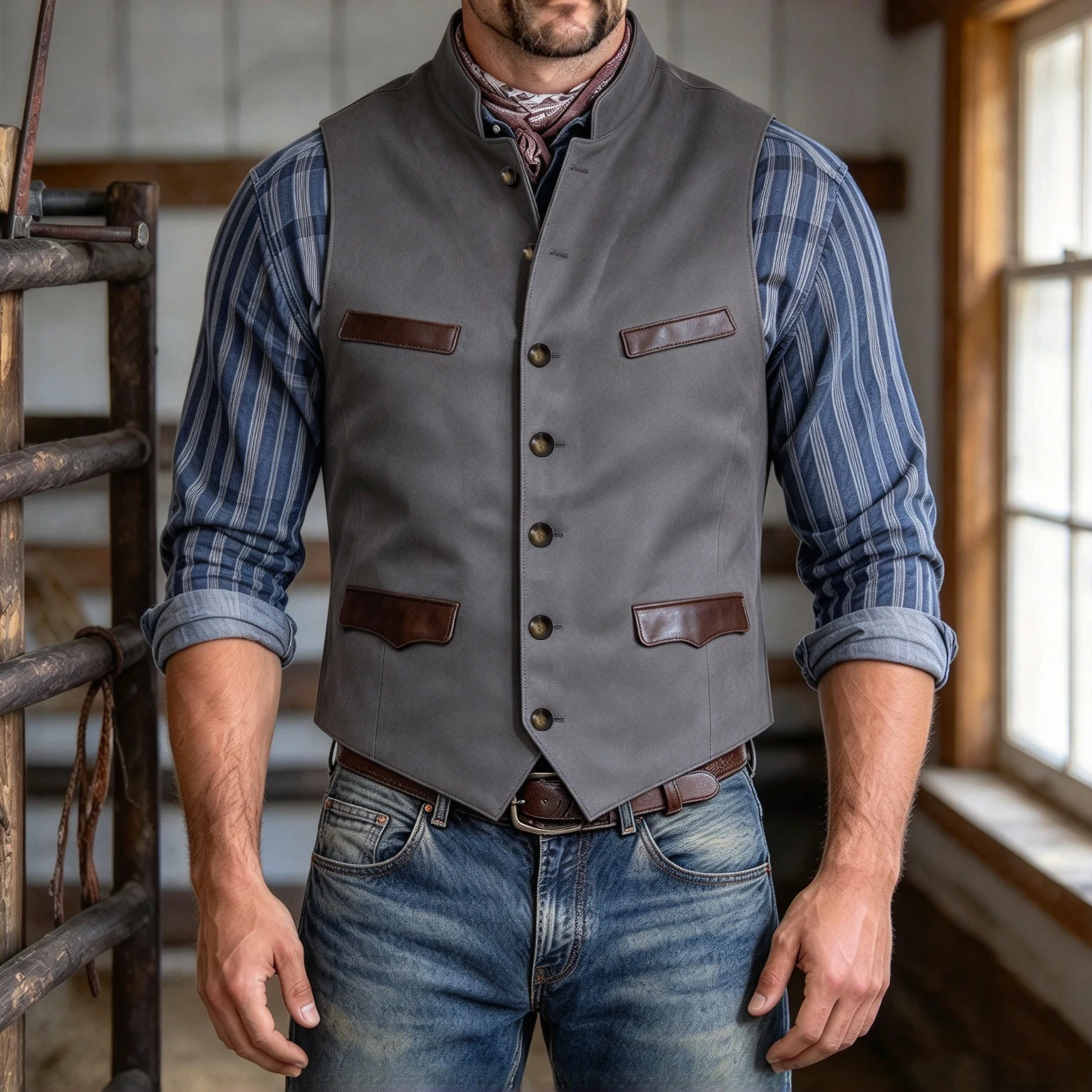 Men's Suede Vest Leather Pocket Vintage Slim-Fit Stand Collar Single Breasted Waistcoat Sleeveless Jacket  Weddings Proms Dinner