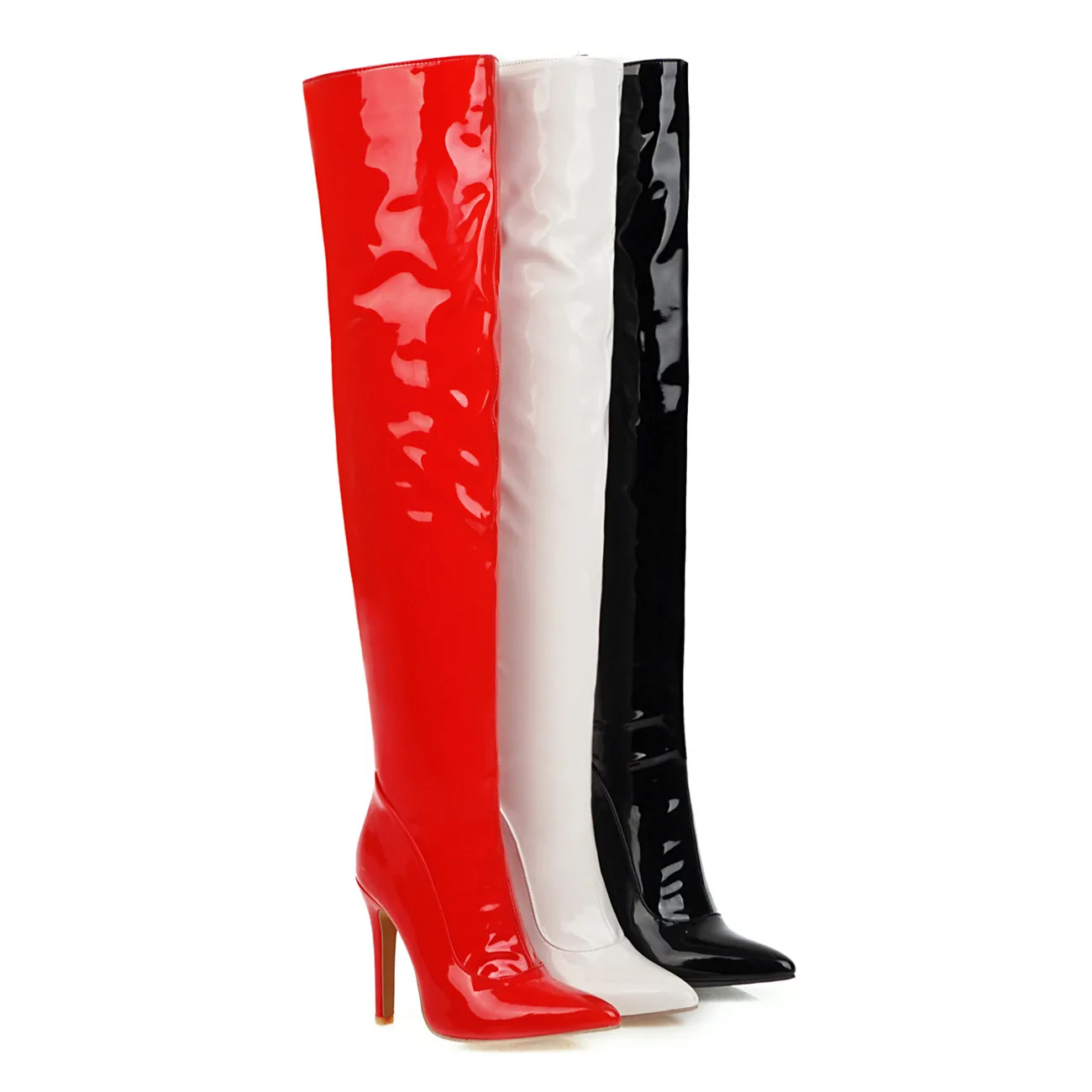 

Stretch Thigh High Boots for Women Over the Knee Long Booties Sexy Stilettos High Heels Pointed Toe Patent Leather Shoes