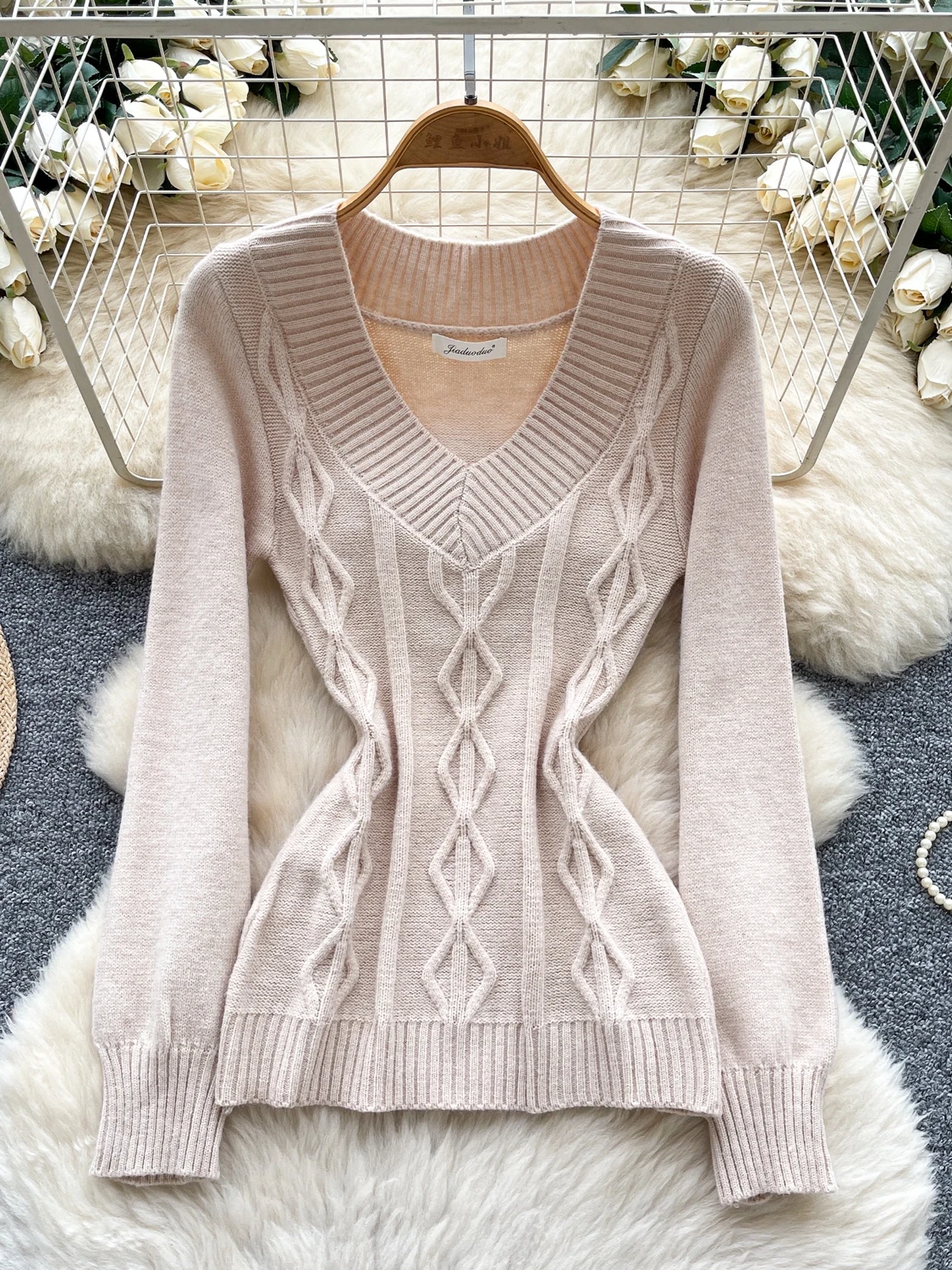 

Retro Korean Sle Long Sve Knitted Sweater Loose Slimming Luxury Ladylike Commute Top Trendy V-ne Pure Color Cardigan