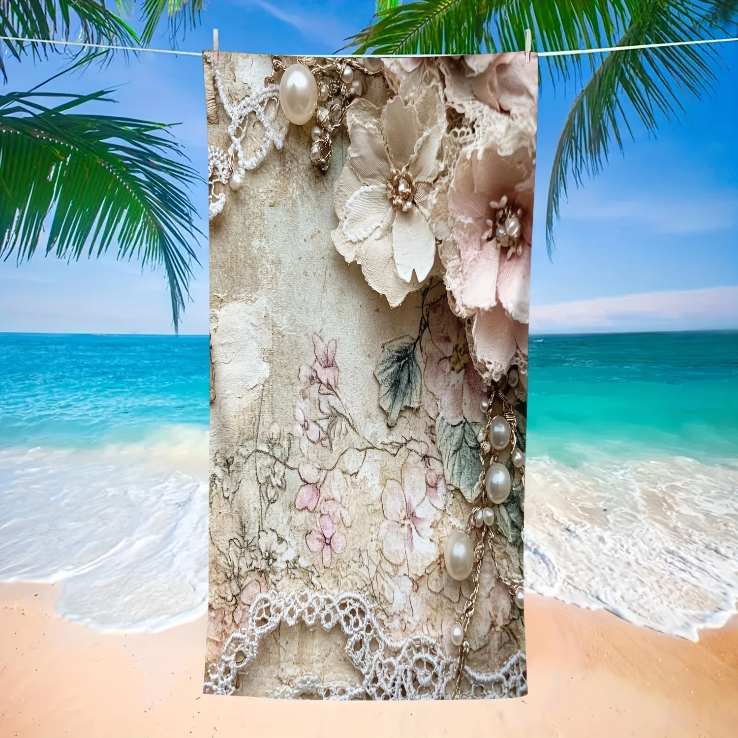 

1pcs Exquisite Pearl Flower Pattern Summer Microfiber Beach Towel Bath Towel Polyester Fabric
