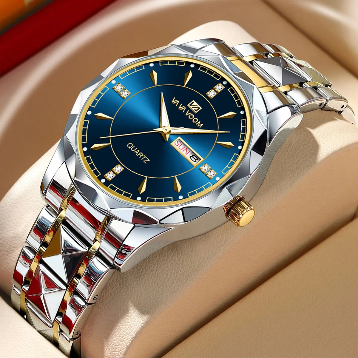 Fashion Men Quartz Watch 2023 New Stainless Steel Business Clock 3Bar Waterproof Blue Rhinestone Luxury Luminescence Wristwatch