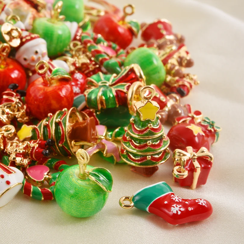 5pcs Christmas Charm Enamel Apple Socks Bell DIY Pendant Charms For Jewelry Making Keychain Earrings Bulk Handmade Material Gift