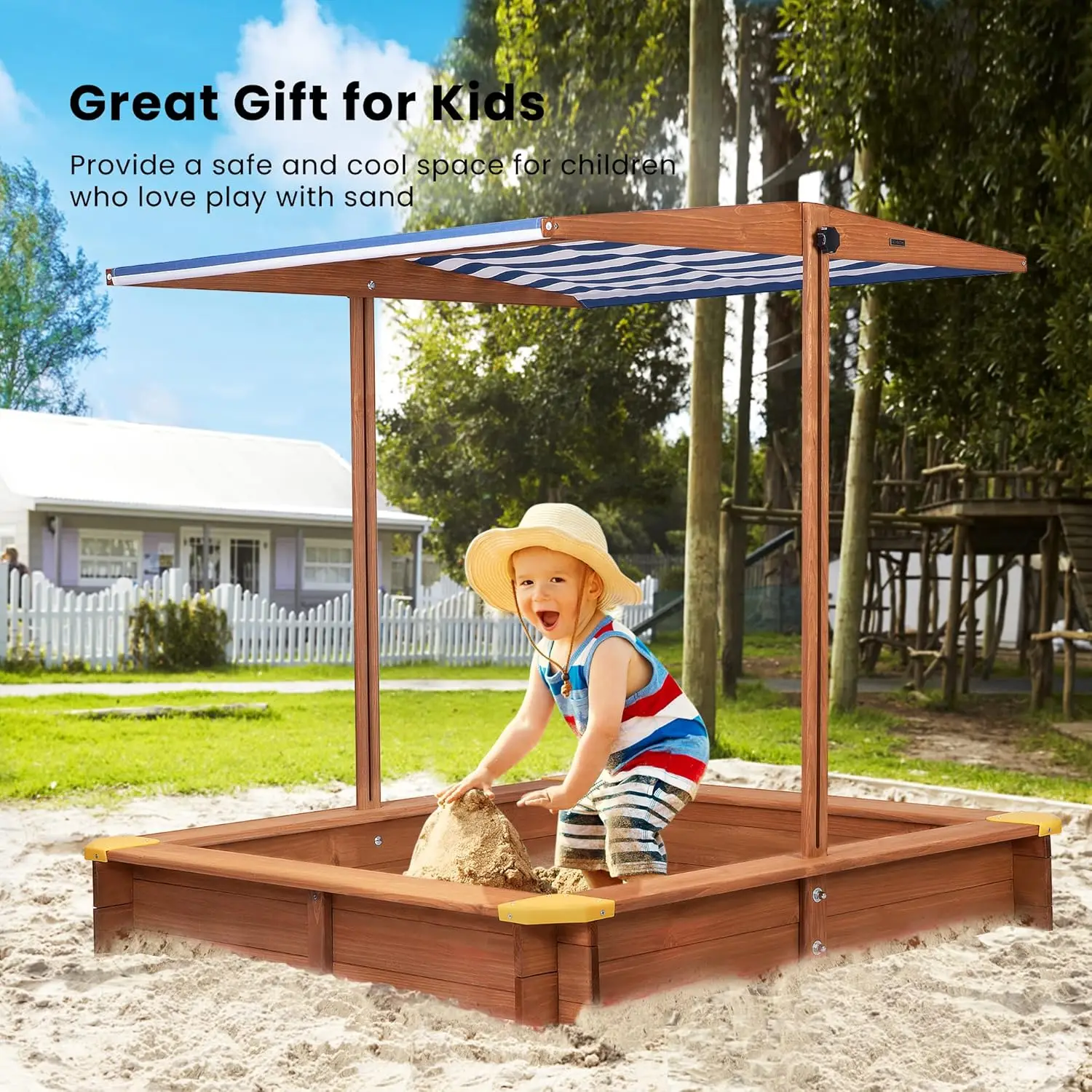 Covered Wooden Sandbox Height Angle Adjustable with Rotatable UV-Resistant Canopy Sand Protection Bottom Liner for Home Backyard