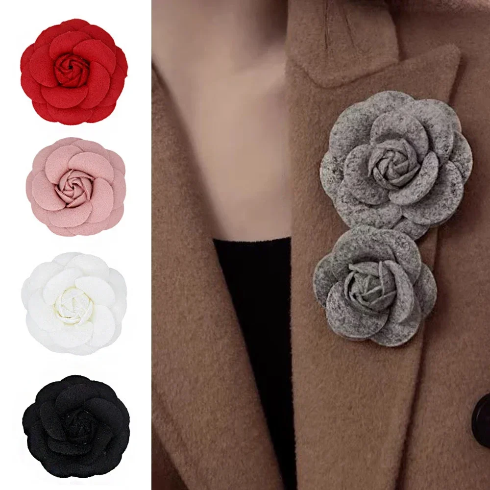 Elegant Wool Fabric Rose Flower Brooch Artificial Camellia Safety Pins Women Girls Dress Corsage Cloth Hats Wedding Party Decor