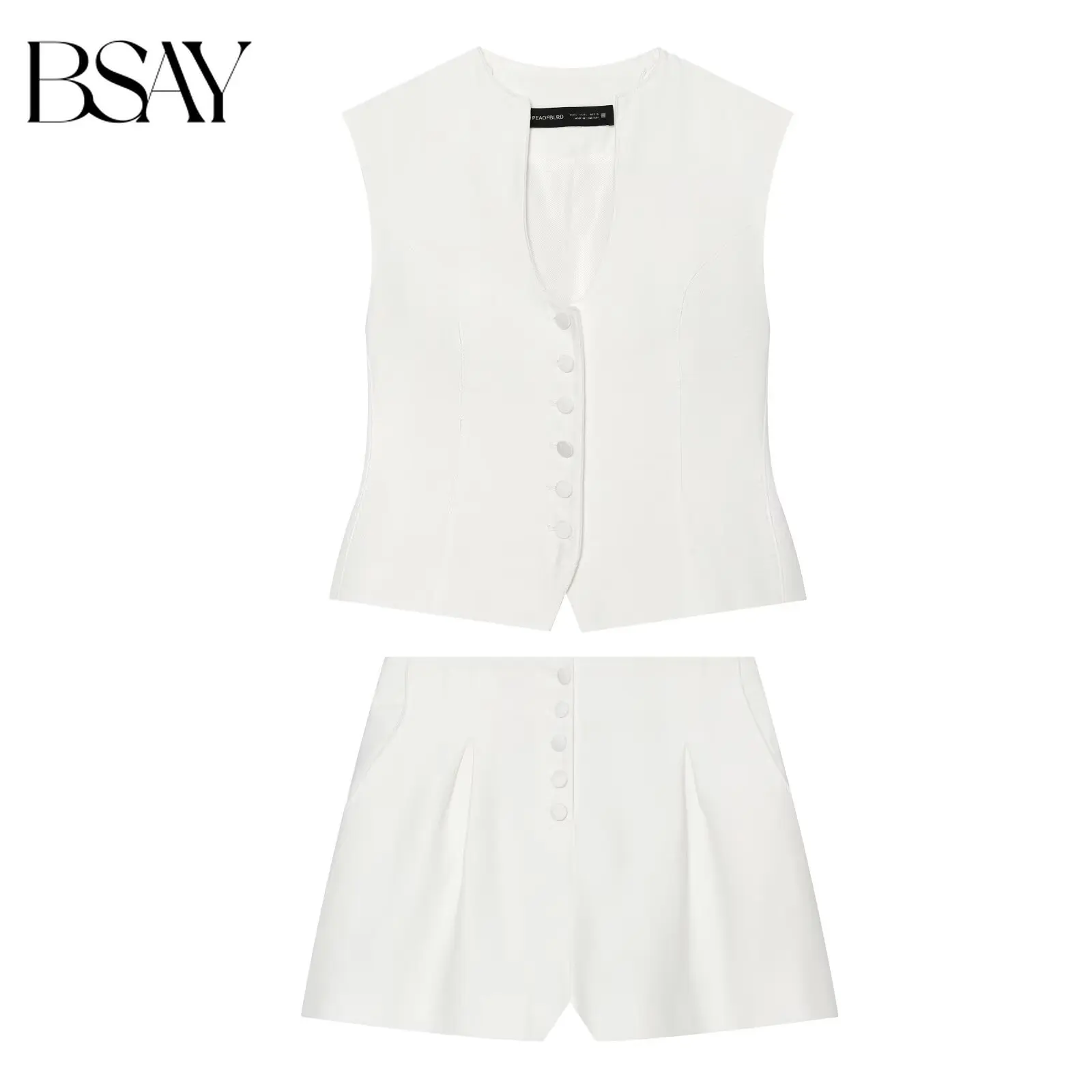 BSAY Summer Slim White Two Piece Matching Set Sleeveless Deep V Button Waistcoat High Waist Pleated Shorts Casual Street Outfit