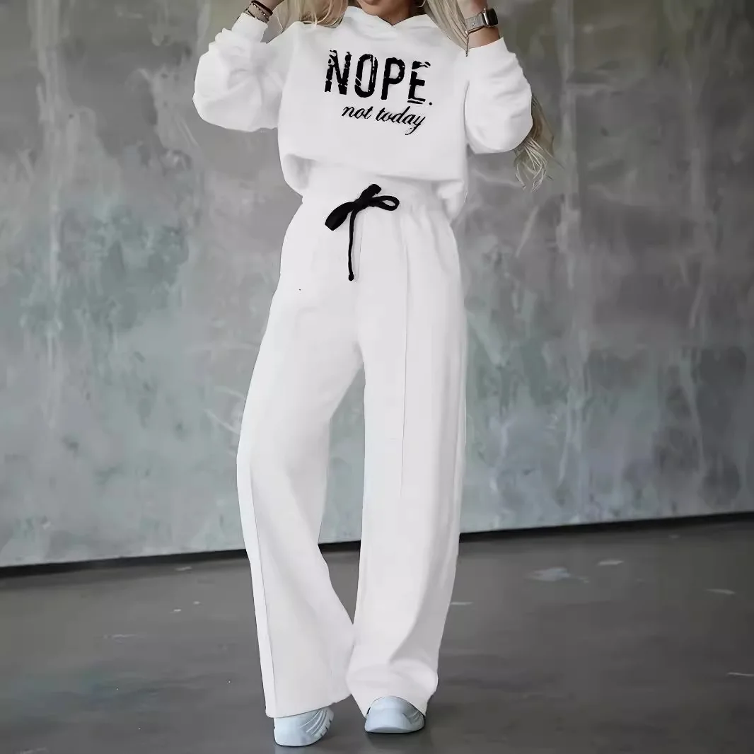 Setelan Olahraga Wanita Hoodie Sablon Huruf Warna Solid Lengan Panjang Celana Kulot Pakaian Musim Gugur Musim Dingin Wanita