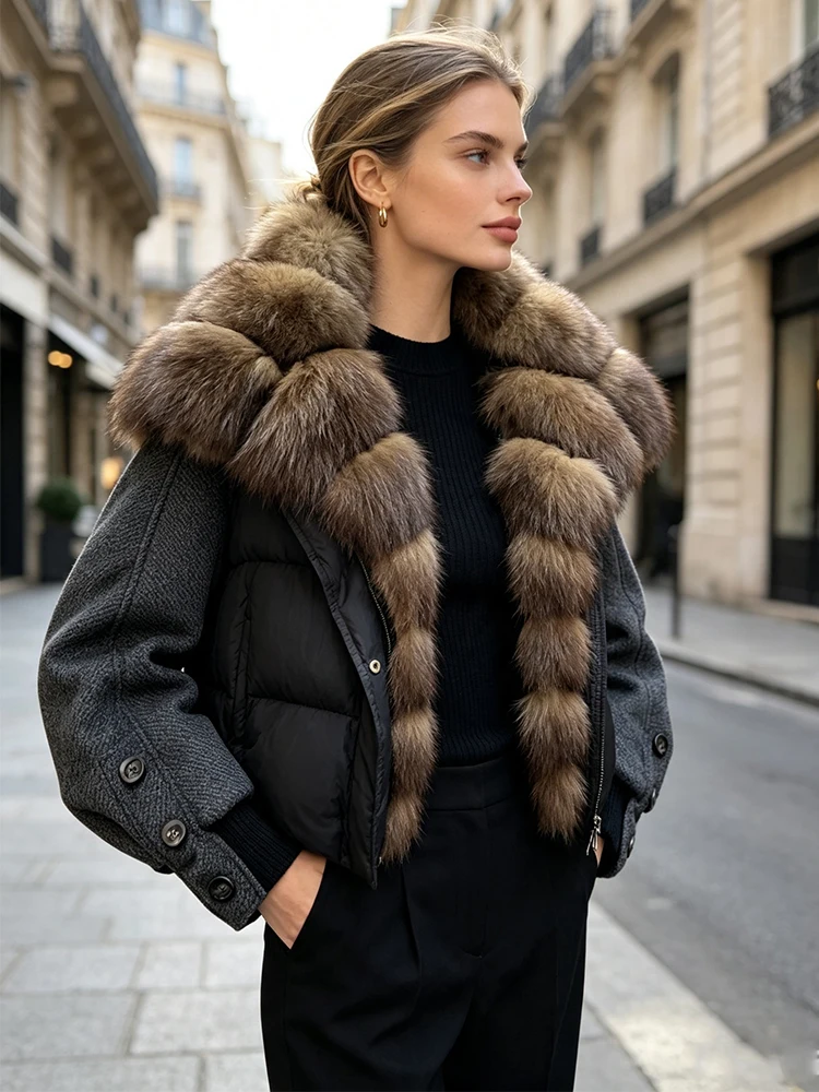 Lagabogy 2026 Natural Real Fur Collar Down Coat Women Thick Puffer Jacket Autumn Winter Loose Patchwork Sleeves Female Parkas