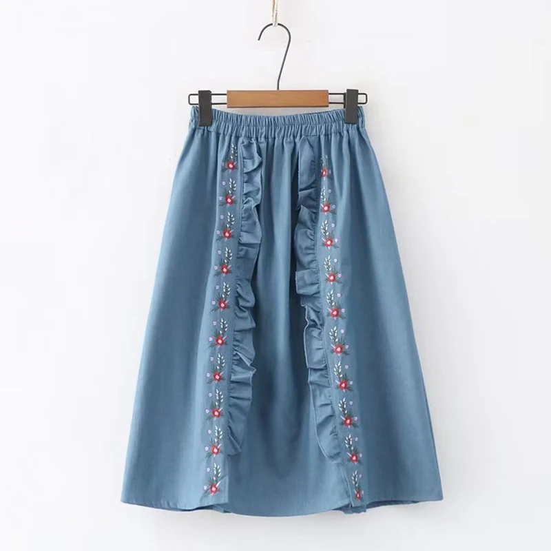 Summer Autumn New Women Wooden Ear Lace Embroidery Flower Skirt Casual Sweet Blue Color Washed Cotton Denim Skirts U297