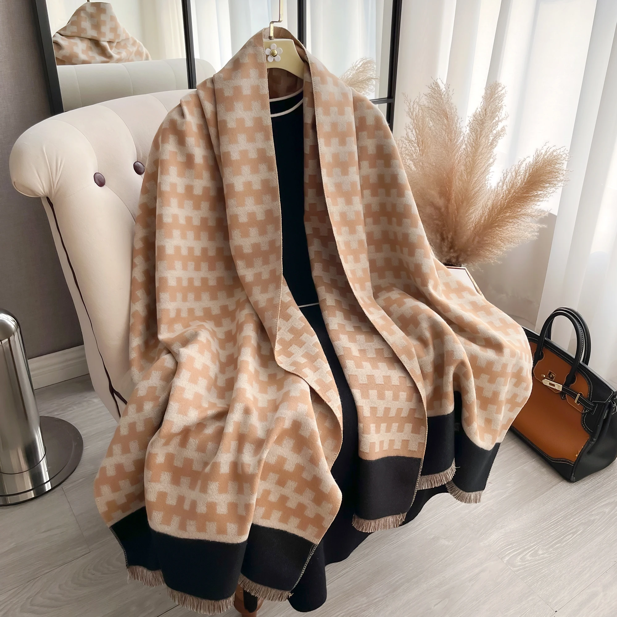 

Double Sided Printing Tassel Scarf Mature Imitation Cashmere Warm Shawl Autumn Winter Office Coldproof Windproof Wrapped Scarf