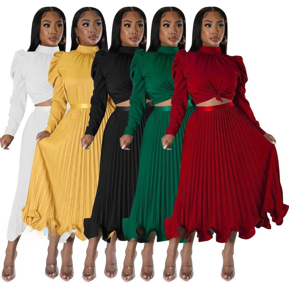 

Женская юбка-плиссе с высокой талией и топом-бабл с рюшами, длинная юбка А-силуэта для офиса, однотонная, из других материалов, 100%