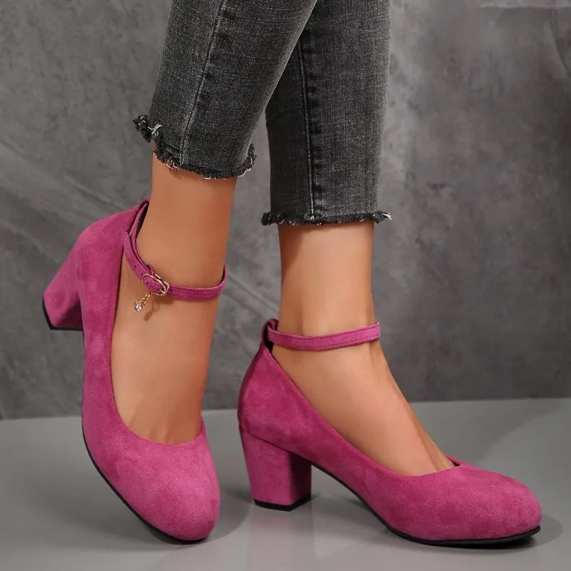 

New Suede Thick-heeled Shallow-mouthed Women's Shoes for The Autumn of 2026, Large-sized Round-toe Mid-heel Single Shoes，35-42