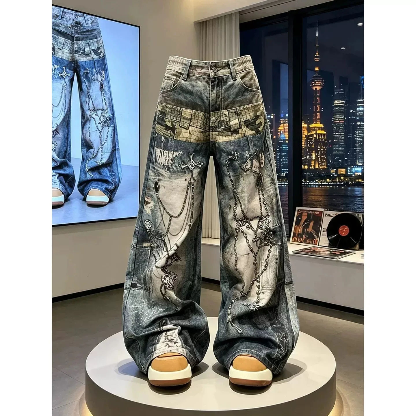 2026 New 3D Digital Printing Chain Denim Jeans Women's High Street Wide Leg Floor-Length Pants Straight Tube Loose Fit Jeans