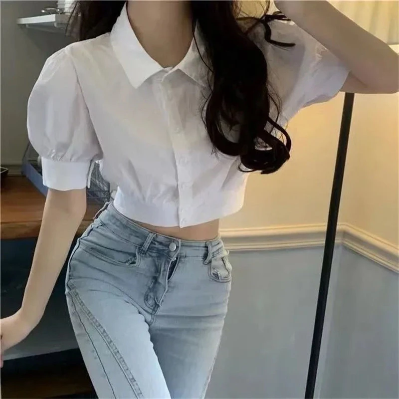 Women Solid Shirt Summer Lapel Sweet New Puff Short Sleeve Female Blouse Fashion All Match Button Korean Ladies Crop Tops