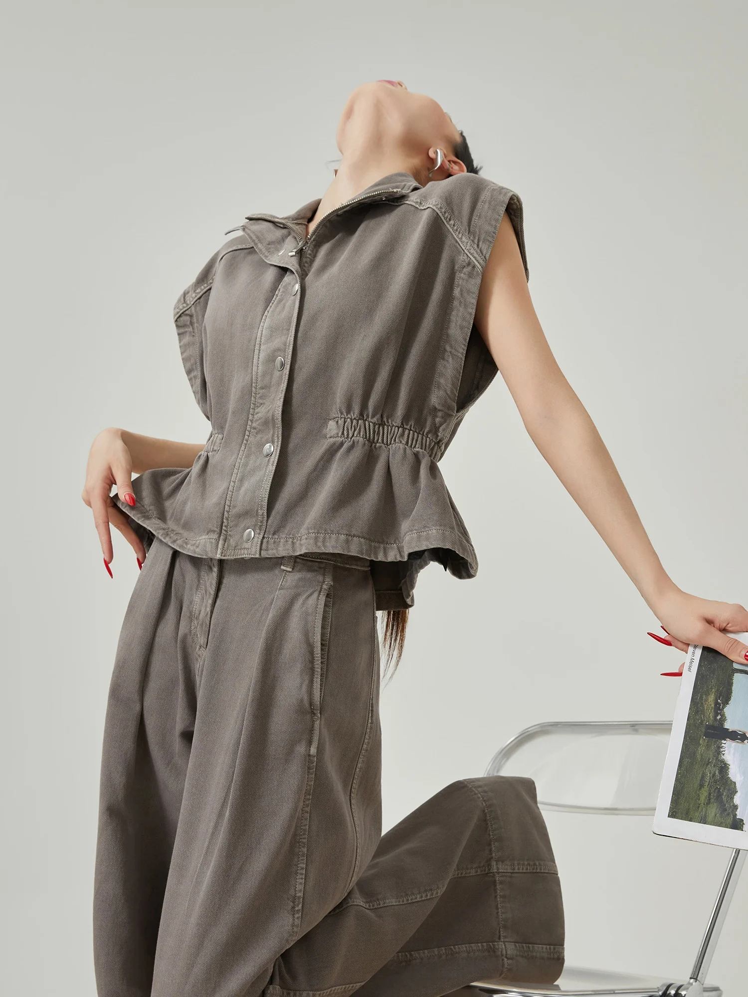 

Retro Sleeveless Zipper Denim Wide Leg Pants Two Piece Set High Waist Slimming Khaki Set Casual Loose Fit Summer Fashion