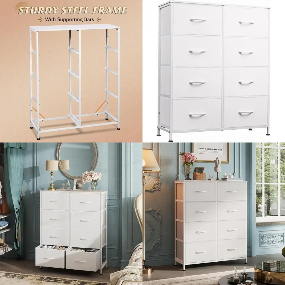 

Белый высокий комод с 8 ящиками и тканевыми отделениями для хранения для спальни, игровой комнаты и общежития