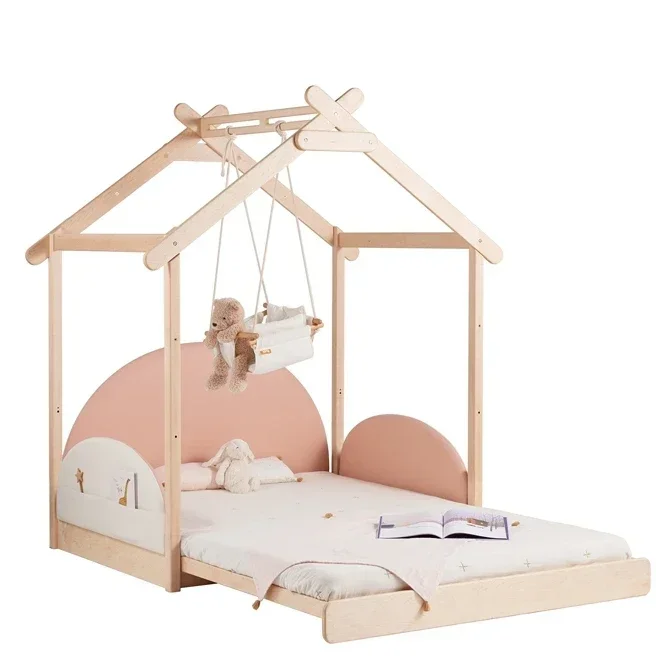 Extended bed, floor-to-ceiling can be raised and played Solid wood tent Children's bed