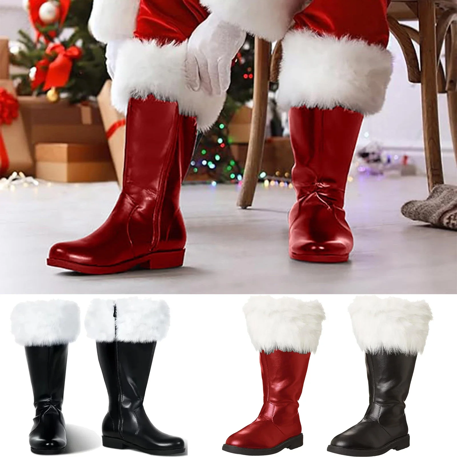 

Christmas Santa Claus Boots Men's Cosplay Black Leather Shoes White Plush Cuffs Foot Halloween Christmas Winter Boots