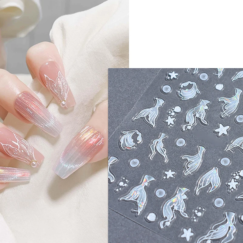 Shiny Colorful Mermaid Fishtail Dazzling Summer Sea Wave Fishtail Beach Rhinestone Ocean 3D Nail Art Sticker Manicure Decal