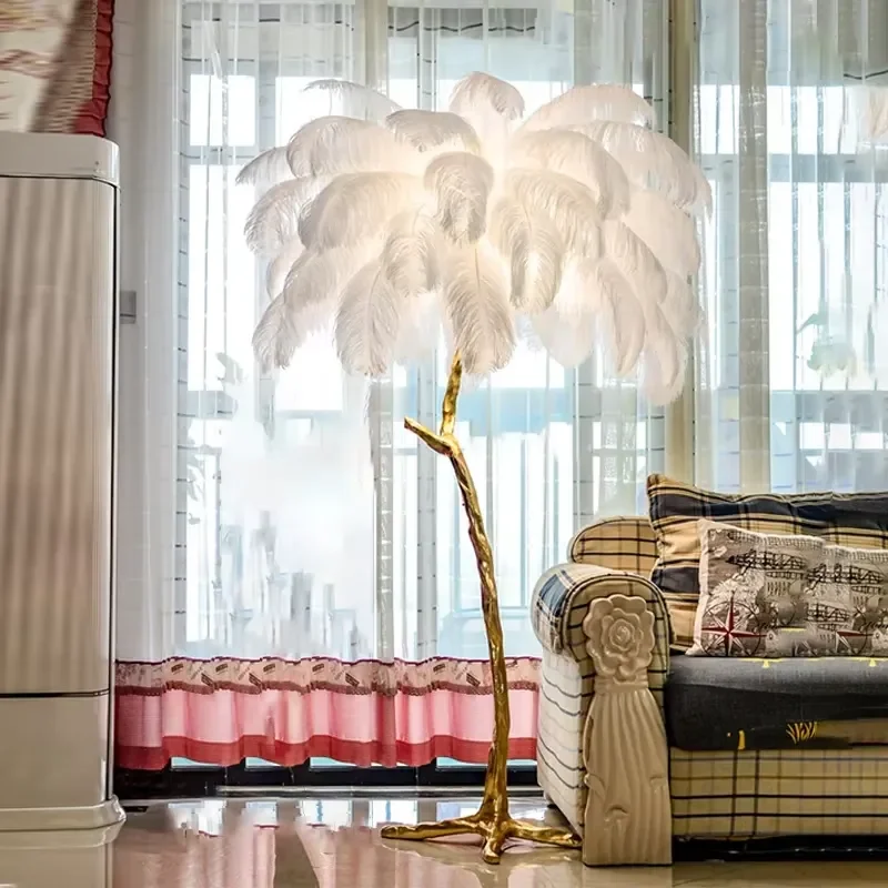 Nordic Resin Twigs Ostrich Feather Led Floor Lamp For Living Room Sofa Corner Bedroom Bedside Home Decor Standing Light
