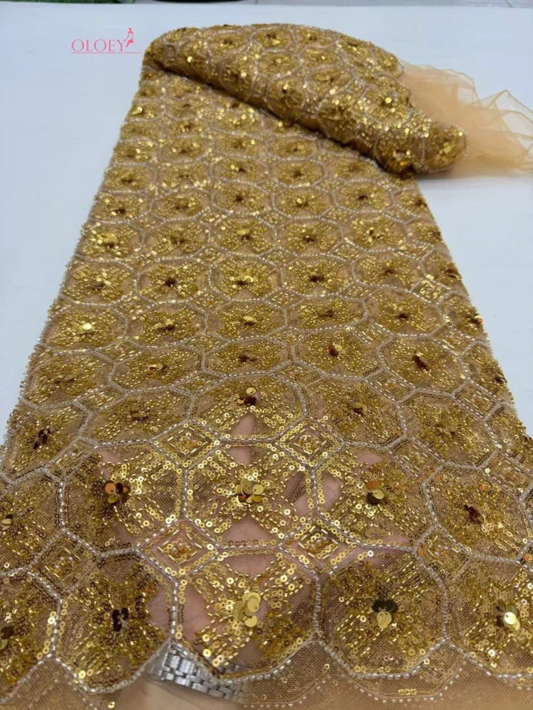 

OLOEY Luxury African Beaded Mesh Lace Fabric Embroidery Sequins French Tulle Lace For Nigerian Wedding Party Dress 5 Yards 0