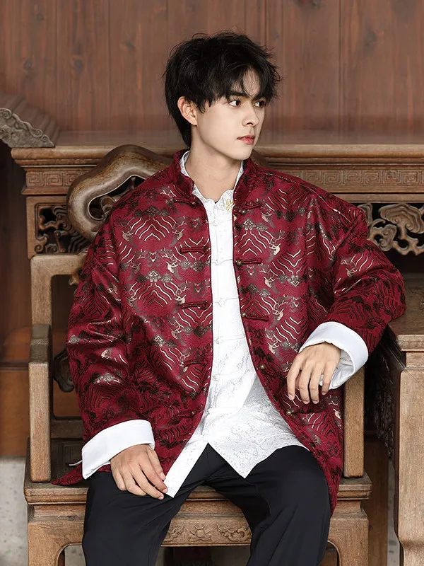 

Chinese Sle Men's Jaet Wave Pattern Copper Button Couples Outerwear Stand Collar Long Sve Thiened Autumn Winter Coat