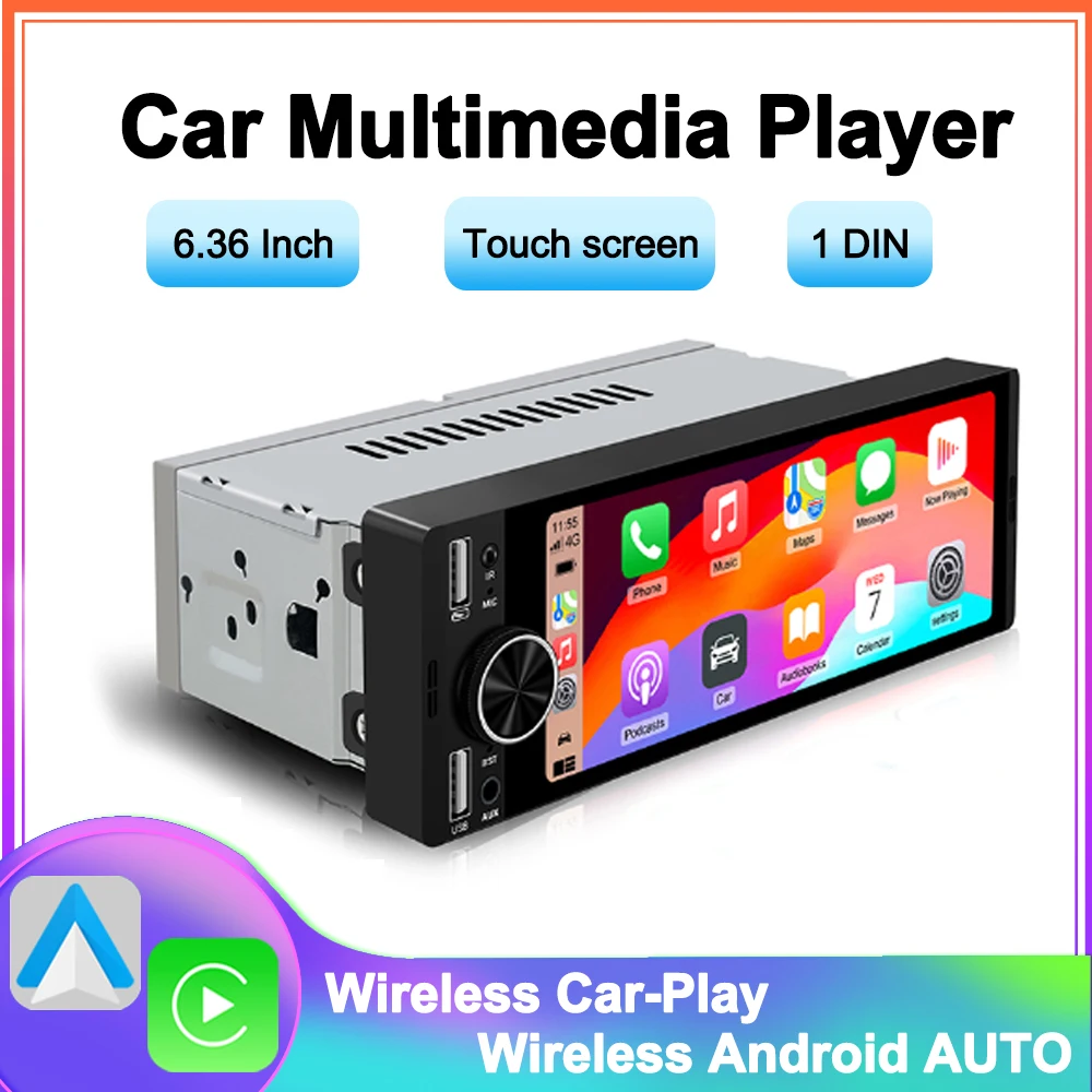 Universal MP5 6.36-Inch 1DIN Car Radio Support Wireless Carplay Android AUTO AUX Touch Screen USB SWC BT Multimedia Video Player
