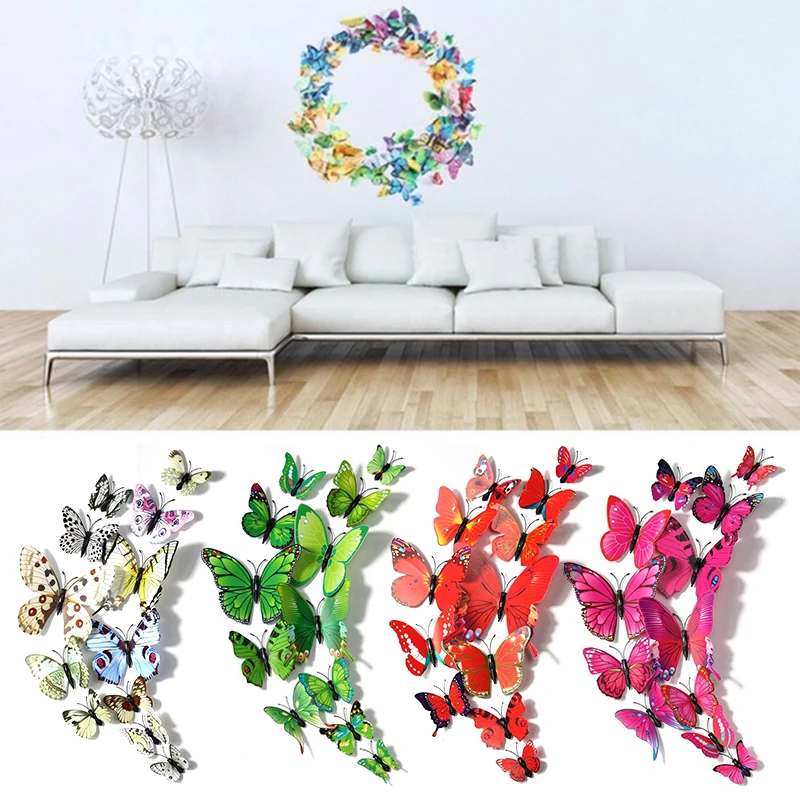 12pcs/set PVC 3D Butterfly wall decor cute Butterflies wall stickers art Decals home Fridge Decoration art  Removable  Magnetic