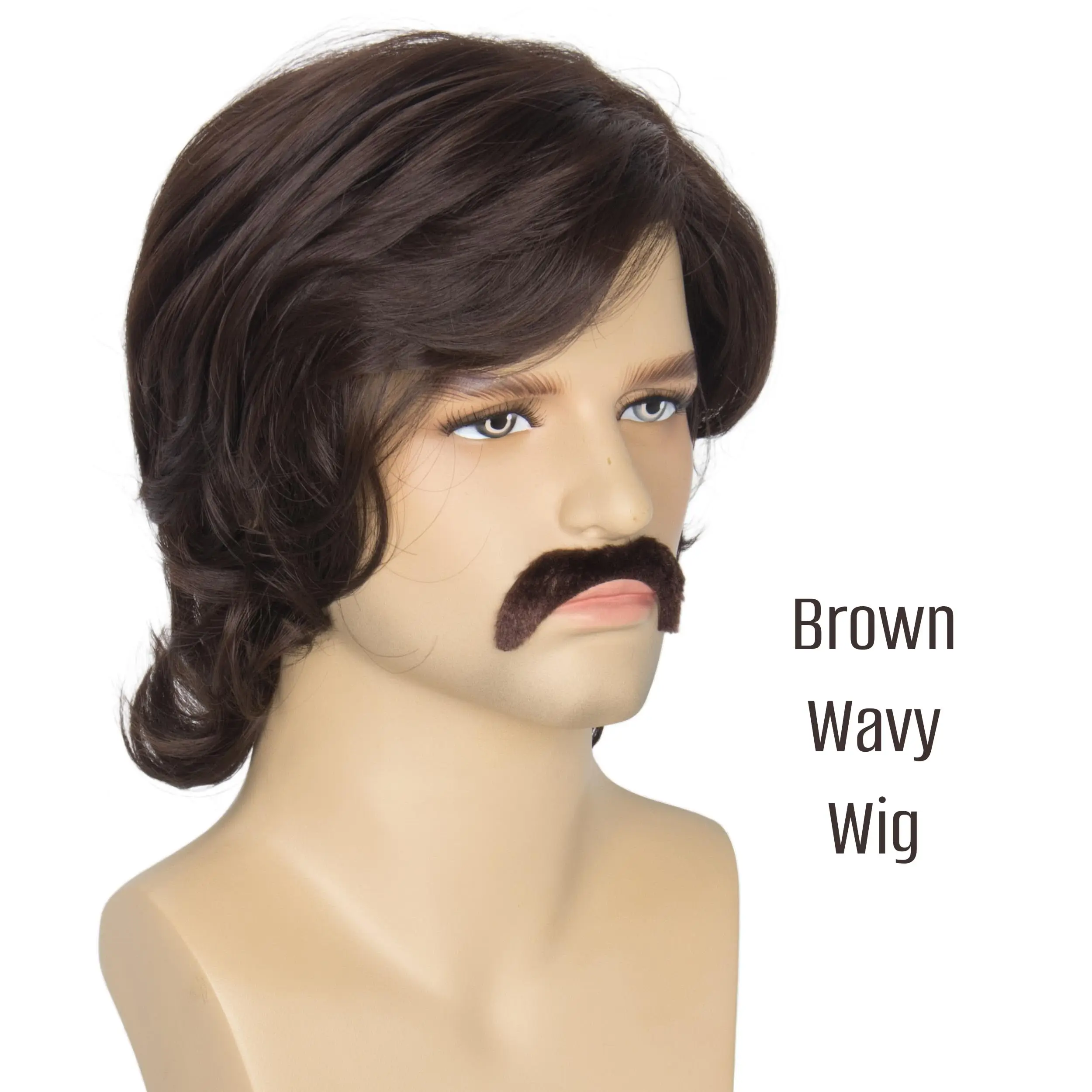 Miss U Hair-Perruque brune ondulée courte avec frange pour homme, perruque Hiphelicopter avec moustache, 60s, 70s Rocker