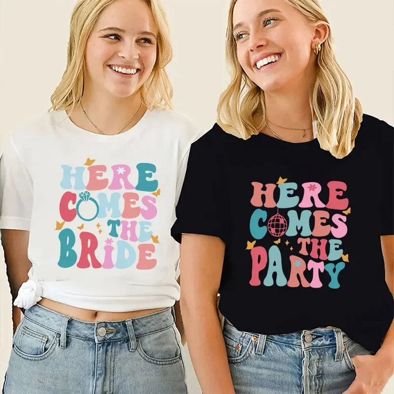 Party Tees Bridesmaid Tshirts T Shirt for Women Here Come The Bride/party T-shirts Groovy Bachelorette Party Tops Retro Bridal