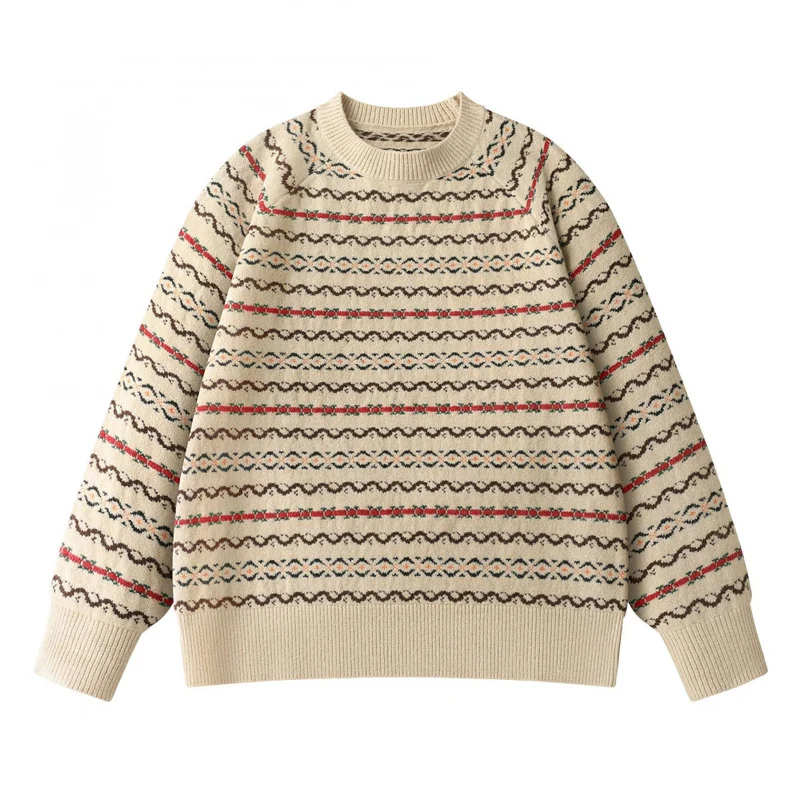QICHE 2026 New American Retro Wave Jacquard Knit Outerwear Unisex Multi Color Crew Neck Casual Coat for Autumn